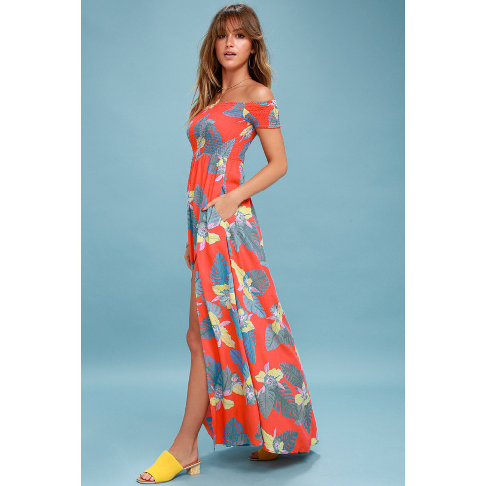 Lulus Patsy Coral Red Floral Print Off-the-shoulder Dress - Size S